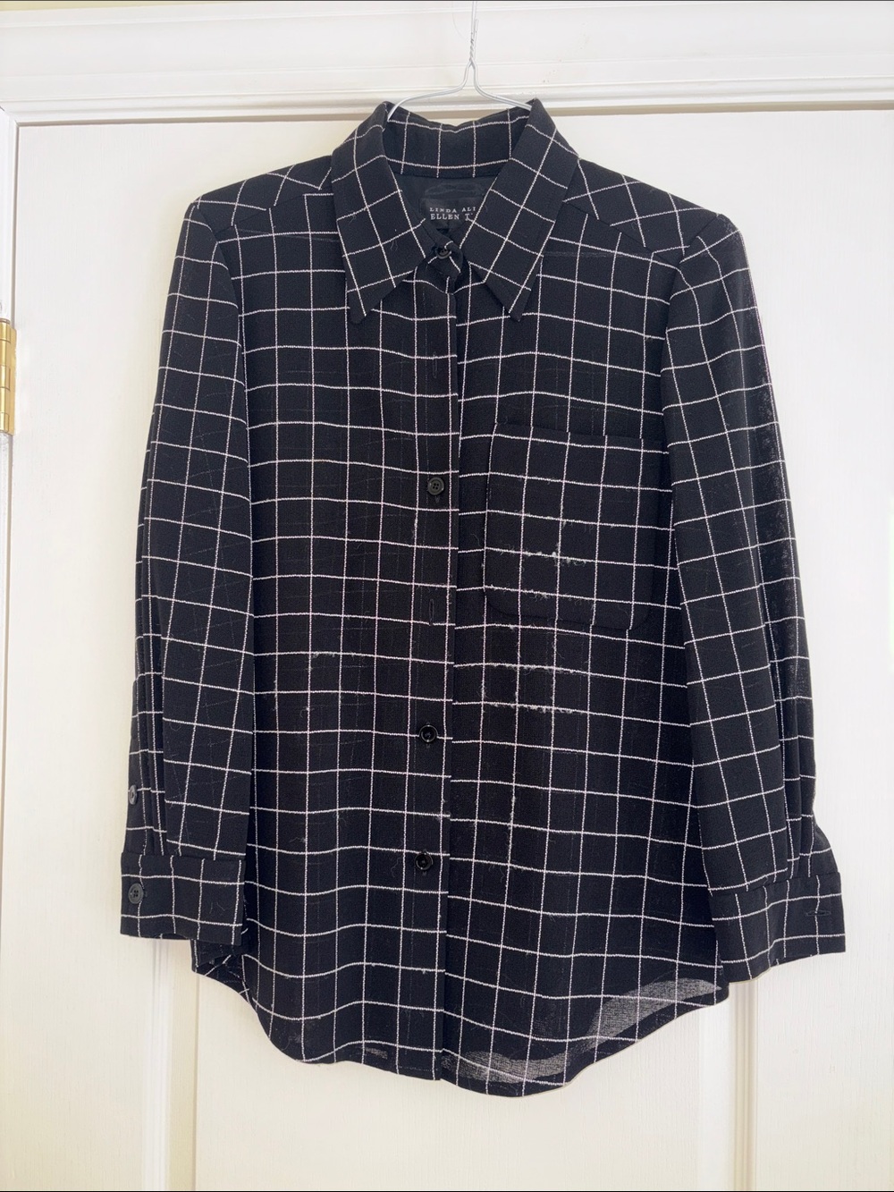 Ellen Tracy Black Windowpane Knit Button-Up